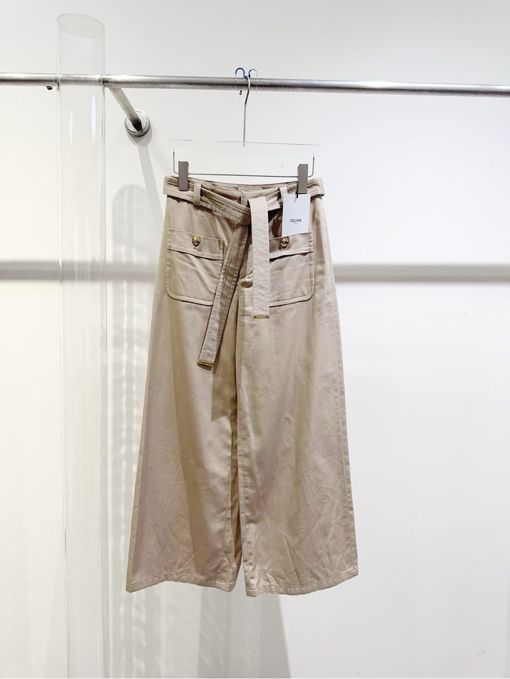 Celine Beige Wide-Leg Crop Pants with Belt